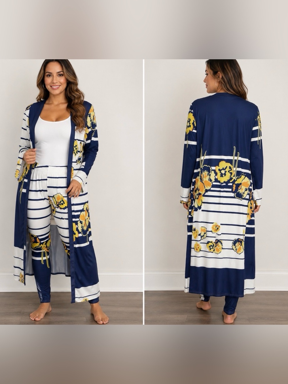 Navy and white floral stripe duster cardigan, lounge set. Size Large